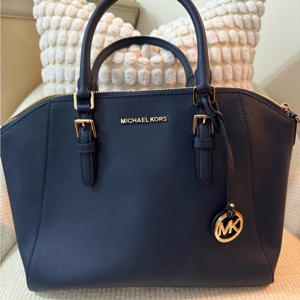 NWOT! Michael Kors Navy Blue Satchel Bag with Gold Accents